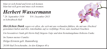Traueranzeige von Herbert Wassermann von Nordwest-Zeitung