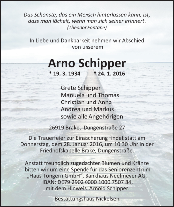 Traueranzeige von Arno Schipper von Nordwest-Zeitung
