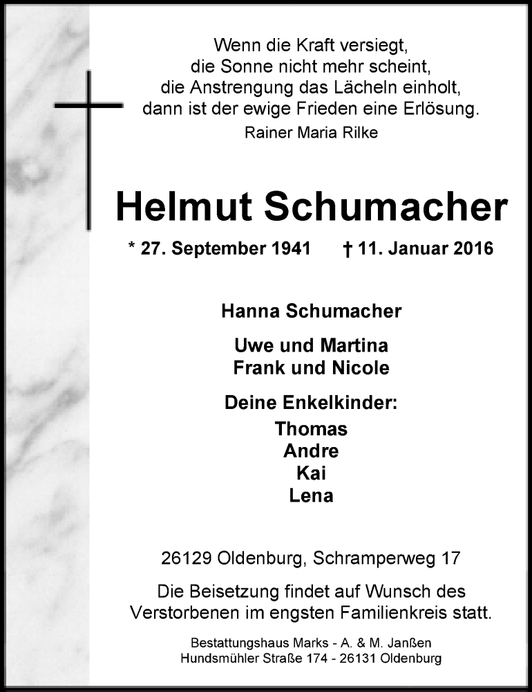  Traueranzeige für Helmut Schumacher vom 14.01.2016 aus Nordwest-Zeitung