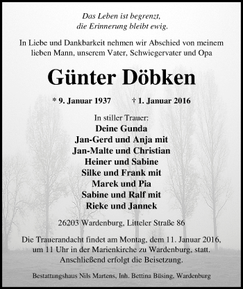 Traueranzeige von Günter Döbken von Nordwest-Zeitung