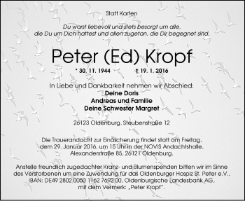 Traueranzeige von Peter Kropf von Nordwest-Zeitung