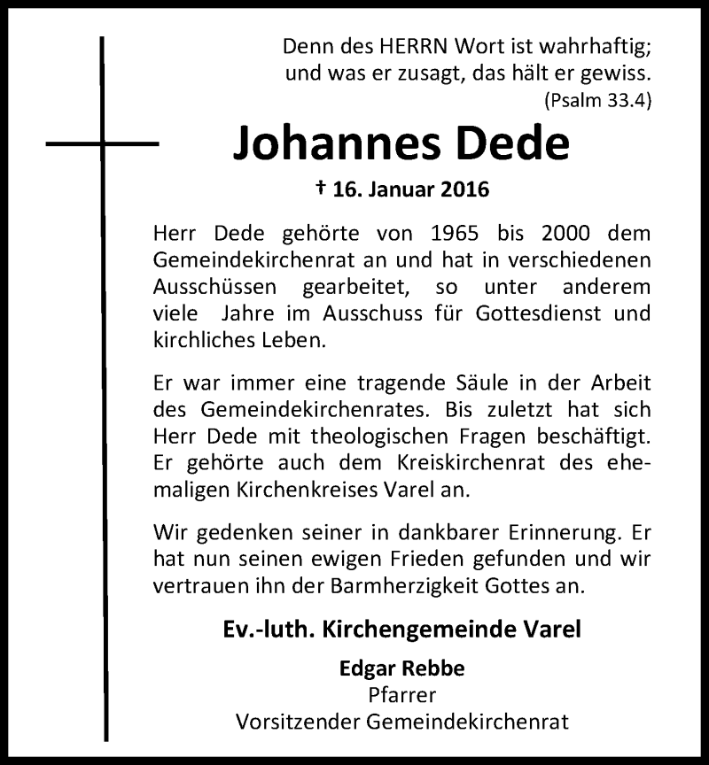  Traueranzeige für Johannes Dede vom 21.01.2016 aus Nordwest-Zeitung