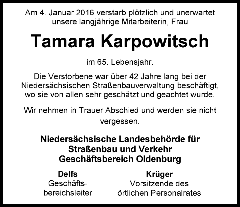  Traueranzeige für Tamara Karpowitsch vom 09.01.2016 aus Nordwest-Zeitung