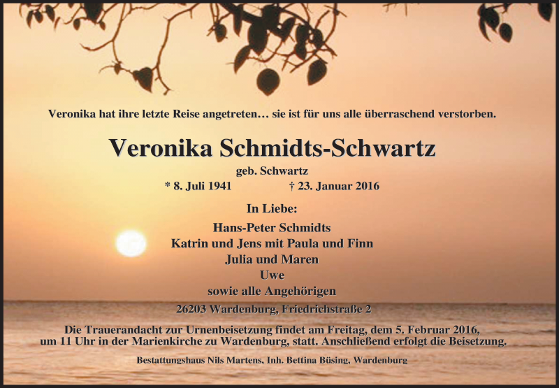  Traueranzeige für Veronika Schmidts-Schwartz vom 29.01.2016 aus Nordwest-Zeitung