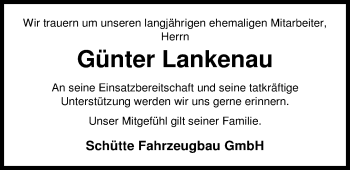 Traueranzeige von Günter Lankenau von Nordwest-Zeitung