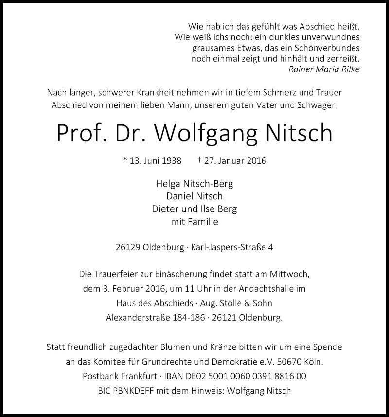  Traueranzeige für Wolfgang Nitsch vom 30.01.2016 aus Nordwest-Zeitung