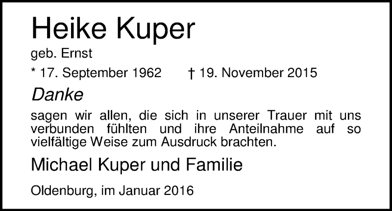  Traueranzeige für Heike Kuper vom 09.01.2016 aus Nordwest-Zeitung