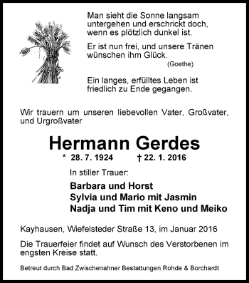 Traueranzeige von Hermann Gerdes von Nordwest-Zeitung