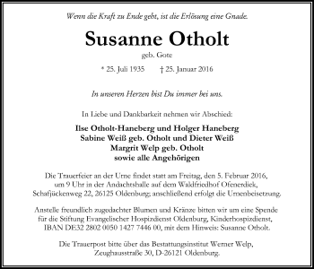 Traueranzeige von Susanne Otholt von Nordwest-Zeitung