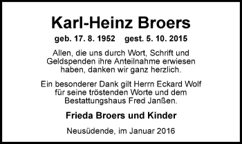 Traueranzeige von Karl-Heinz Broers von Nordwest-Zeitung