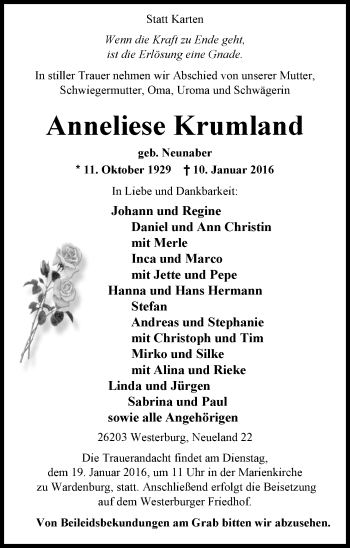 Traueranzeige von Anneliese Krumland von Nordwest-Zeitung