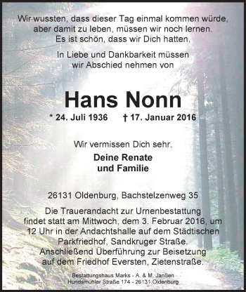 Traueranzeige von Hans Nonn von Nordwest-Zeitung