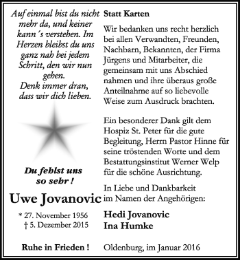 Traueranzeige von Uwe Jovanovic von Nordwest-Zeitung