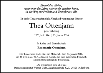Traueranzeige von Thea Ottenjann von Nordwest-Zeitung