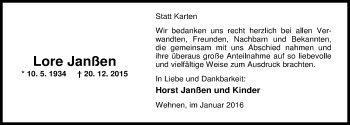 Traueranzeige von Lore Janßen von Nordwest-Zeitung