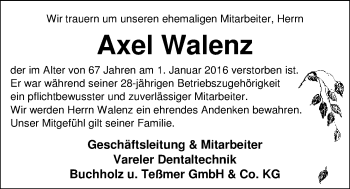 Traueranzeige von Axel Walenz von Nordwest-Zeitung