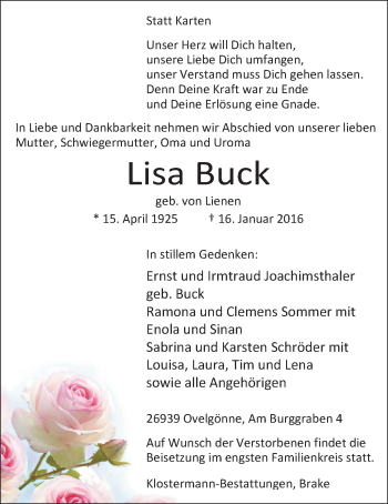 Traueranzeige von Lisa Buck von Nordwest-Zeitung