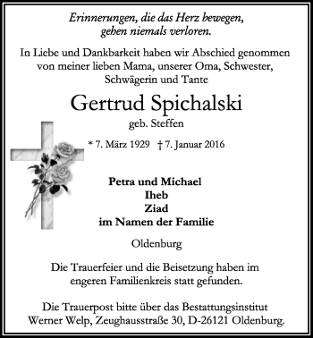 Traueranzeige von Gertrud Spichaelski von Nordwest-Zeitung