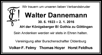 Traueranzeige von Walter Dannemann von Nordwest-Zeitung