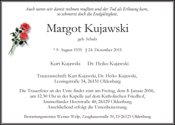 Traueranzeige von Margot Kujawski von Nordwest-Zeitung