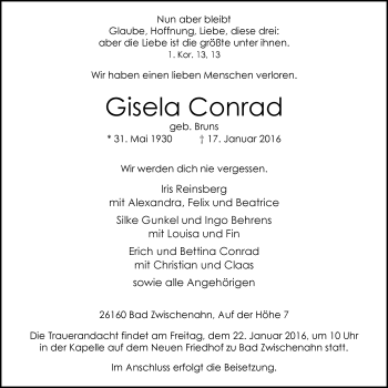 Traueranzeige von Gisela Conrad von Nordwest-Zeitung