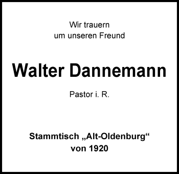 Traueranzeige von Walter Dannemann von Nordwest-Zeitung