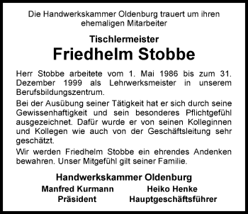 Traueranzeige von Friedhelm Stobbe von Nordwest-Zeitung