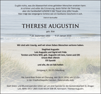 Traueranzeige von Therese Augustin von Nordwest-Zeitung