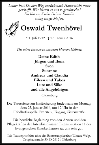 Traueranzeige von Oswald Twenhövel von Nordwest-Zeitung
