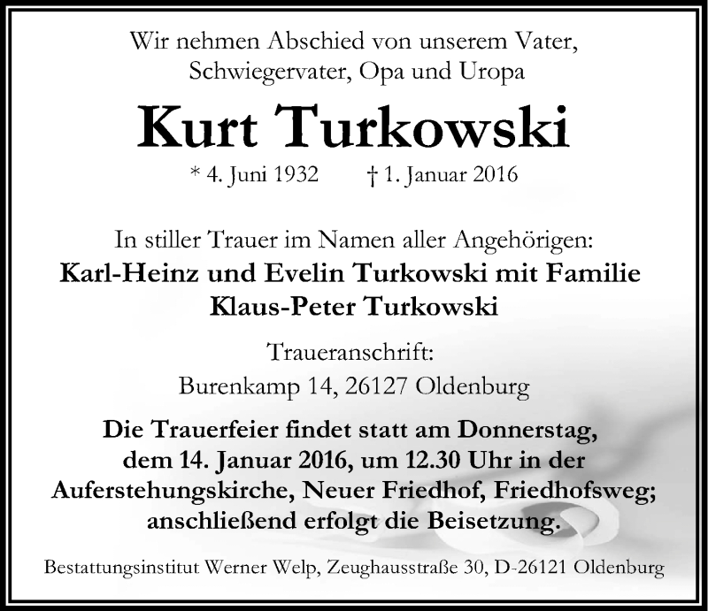  Traueranzeige für Kurt Turkowski vom 11.01.2016 aus Nordwest-Zeitung