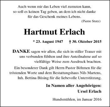 Traueranzeige von Hartmut Erlach von Nordwest-Zeitung