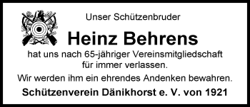 Traueranzeige von Heinz Behrens von Nordwest-Zeitung