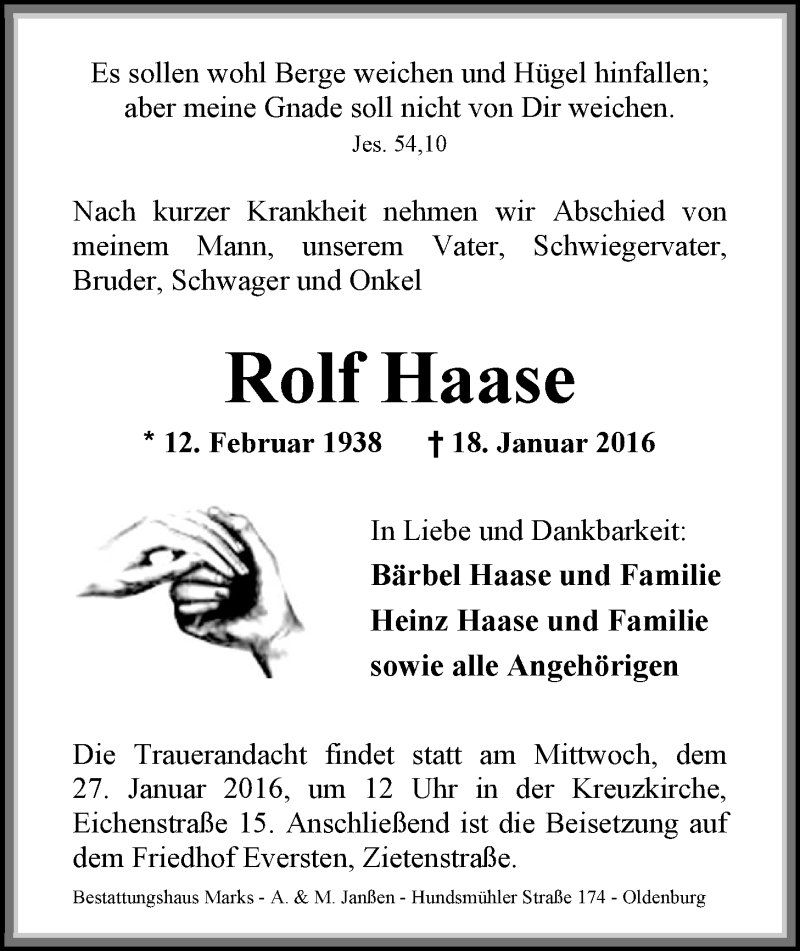  Traueranzeige für Rolf Haase vom 22.01.2016 aus Nordwest-Zeitung