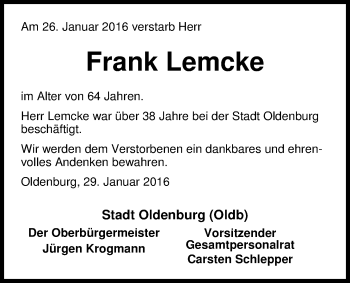 Traueranzeige von Frank Lemcke von Nordwest-Zeitung