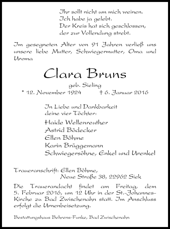 Traueranzeige von Clara Bruns von Nordwest-Zeitung