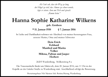 Traueranzeige von Hanna Sophie Katharine Willkens von Nordwest-Zeitung
