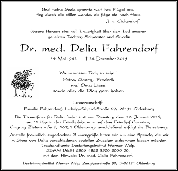 Traueranzeige von Delia Fahrendorf von Nordwest-Zeitung