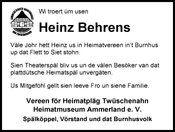 Traueranzeige von Heinz Behrens von Nordwest-Zeitung