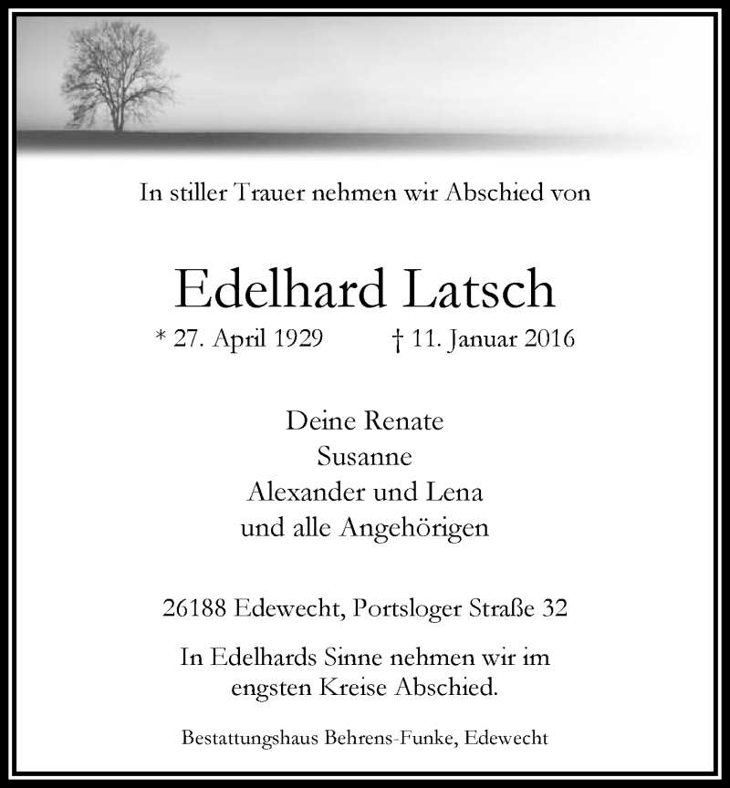  Traueranzeige für Edelhard Latsch vom 16.01.2016 aus Nordwest-Zeitung