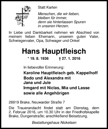 Traueranzeige von Hans Hauptfleisch von Nordwest-Zeitung