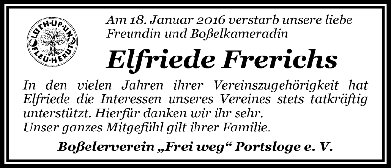  Traueranzeige für Elfriede Frerichs vom 21.01.2016 aus Nordwest-Zeitung