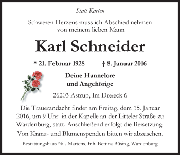 Traueranzeige von Karl Schneider von Nordwest-Zeitung