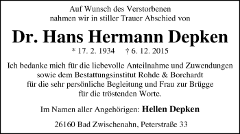 Traueranzeige von Hans Hermann Depken von Nordwest-Zeitung