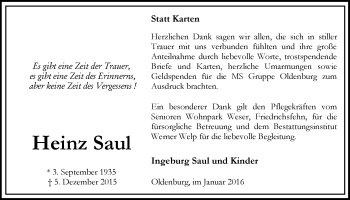 Traueranzeige von Heinz Saul von Nordwest-Zeitung