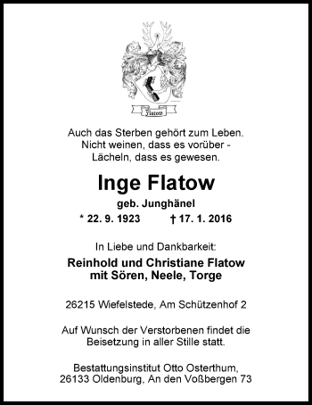 Traueranzeige von Inge Flatow von Nordwest-Zeitung
