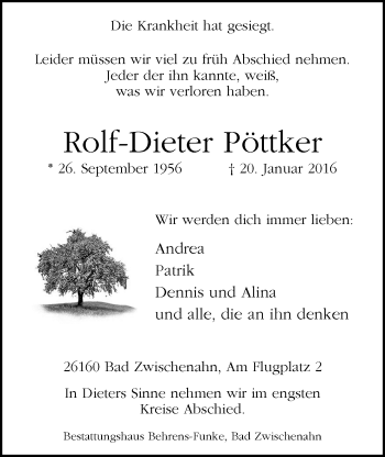 Traueranzeige von Rolf-Dieter Pöttker von Nordwest-Zeitung