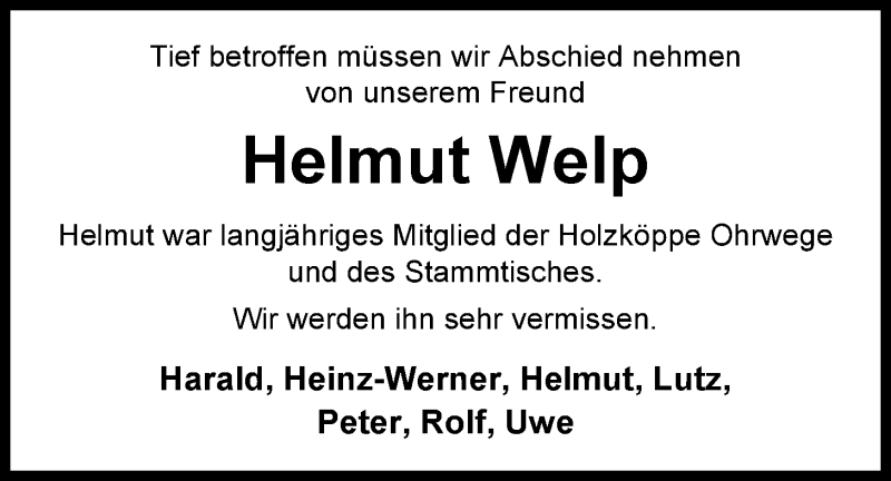  Traueranzeige für Helmut Welp vom 02.01.2016 aus Nordwest-Zeitung