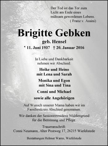 Traueranzeige von Brigitte Gebken von Nordwest-Zeitung