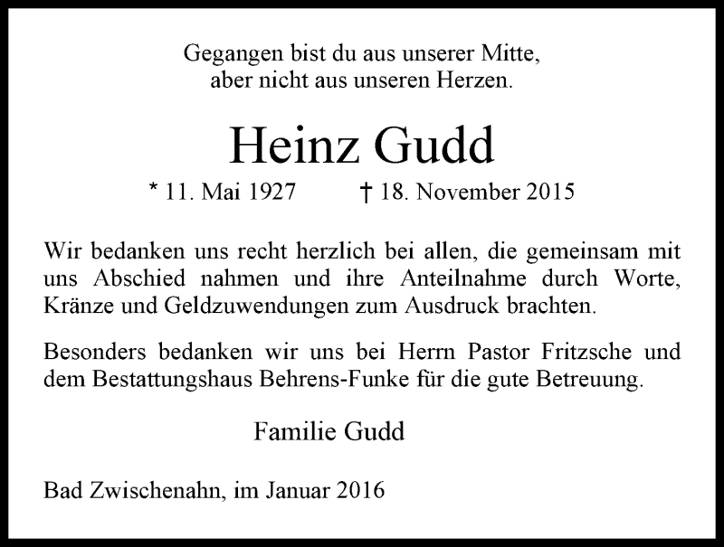  Traueranzeige für Heinz Gudd vom 02.01.2016 aus Nordwest-Zeitung