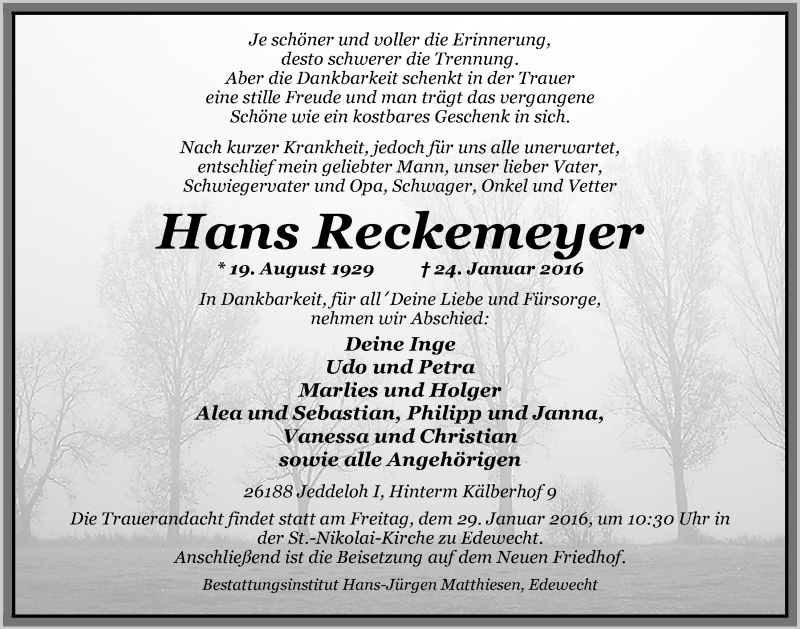  Traueranzeige für Hans Reckemeyer vom 26.01.2016 aus Nordwest-Zeitung